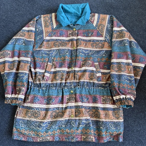 Vintage Reversible Jacket Womens Large Blue Nylon Southwestern Anorak Snap Waist - Picture 4 of 9